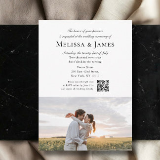 Convites Simple Script 2 Photo White QR Code Wedding