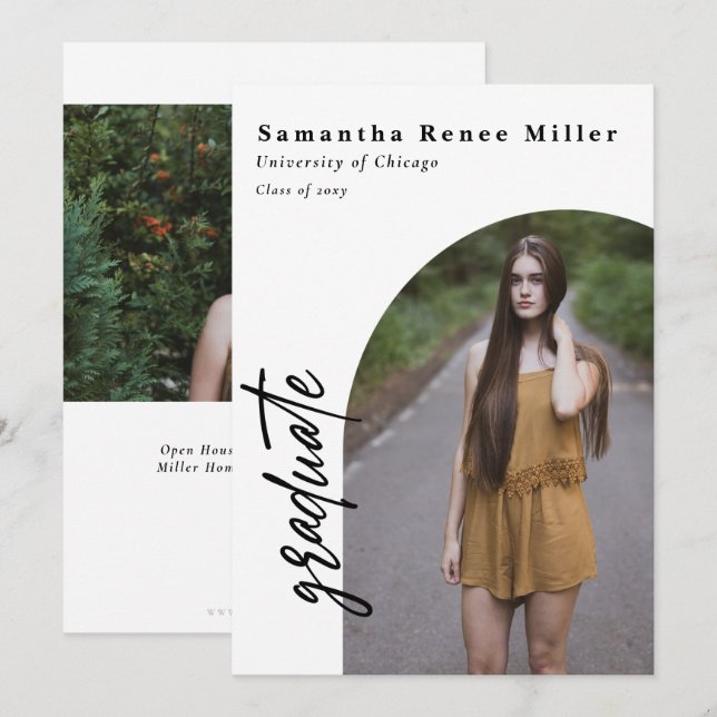 Convites Simple Script Moderno Arco 2 Foto Graduação (Frente/Verso)