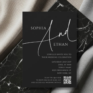 Convites Simple Script Moody QR Code Black Wedding
