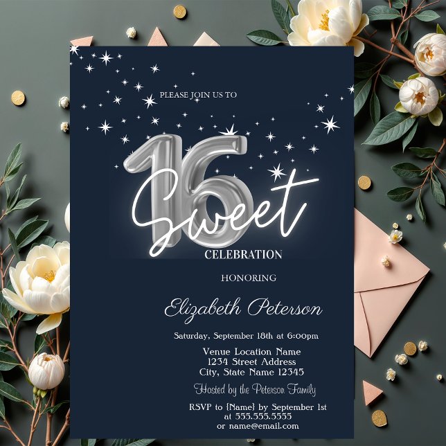 Convites Simple Stars Azul Marinho Sweet 16  (Criador carregado)