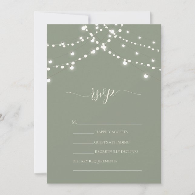 Convites Simple String Lights Sage Green Wedding RSVP   (Frente)