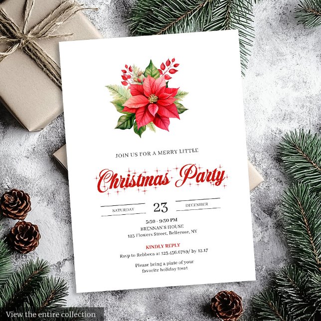 Convites Simple Vintage Red Poinsettia Floral Christmas  (Simple Vintage Red Poinsettia Floral Christmas Invitation)