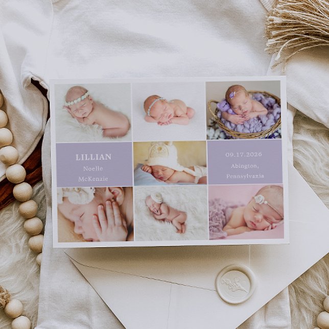 Convites Simple Violet Baby Photo Collage Announcement Card (Criador carregado)