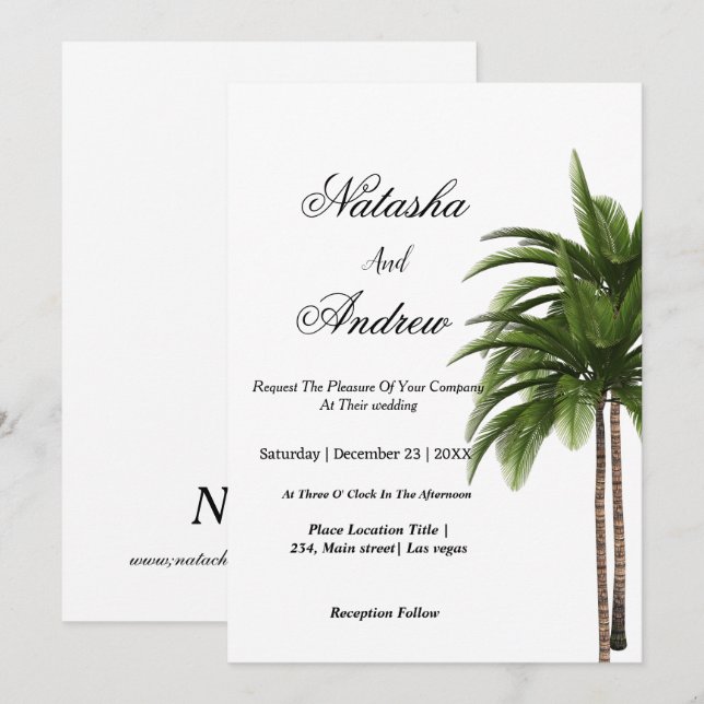 Convites simple watercolor palm tree wedding invitation (Frente/Verso)