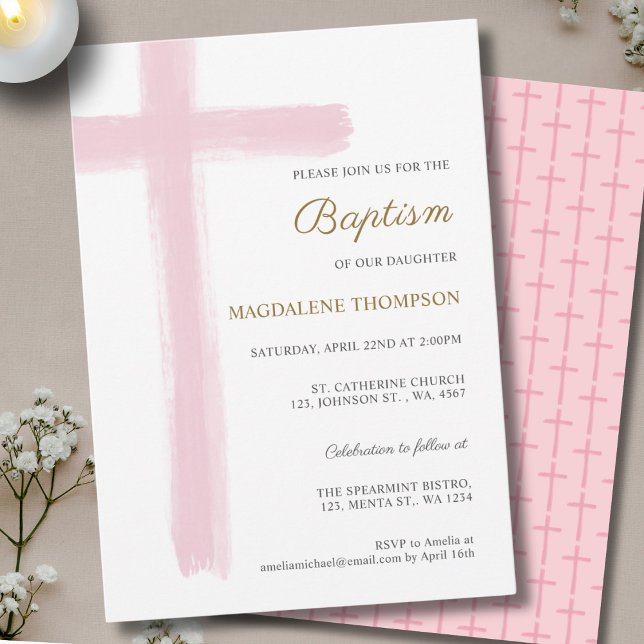Convites Simple Watercolor Pink Cross Girl Baptism (Criador carregado)