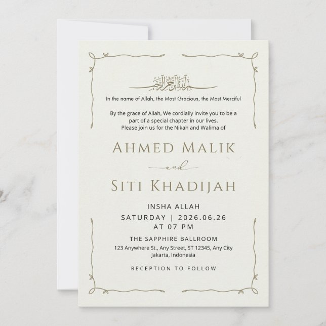 Convites Simple Wavy Border Islamic Wedding Nikah (Frente)