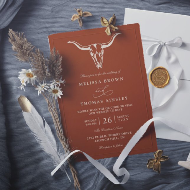 Convites Simple Western Bohemian Cow Skull QR Code Wedding  (Criador carregado)