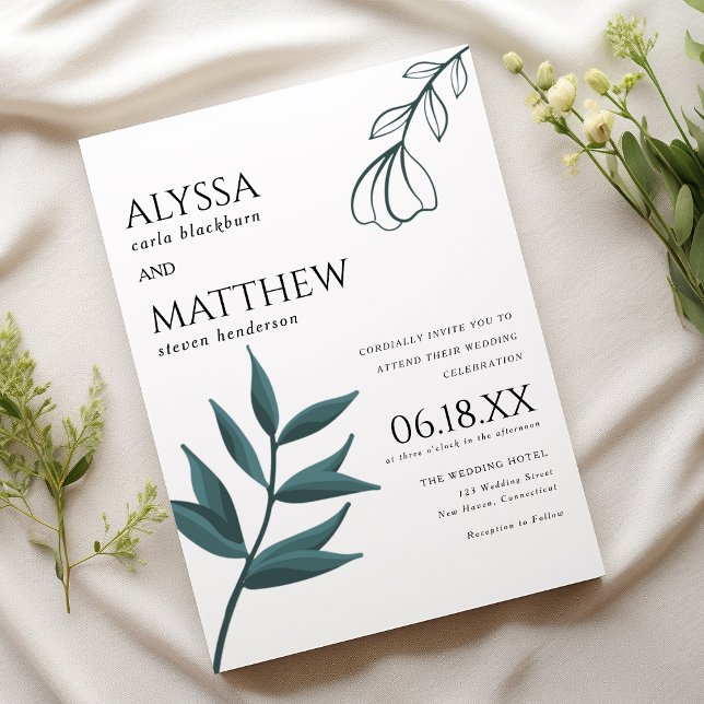 Convites Simple white forest green foliage floral wedding  (Simple white forest green foliage floral wedding)