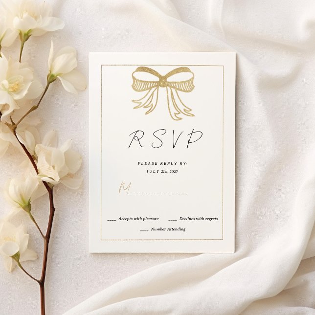 Convites Simple white gold glitter bow ribbon RSVP  (Simple white gold glitter bow ribbon RSVP)