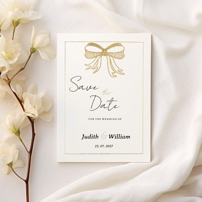 Convites Simple white gold glitter bow ribbon Save the Date (Simple white gold glitter bow ribbon Save the Date)