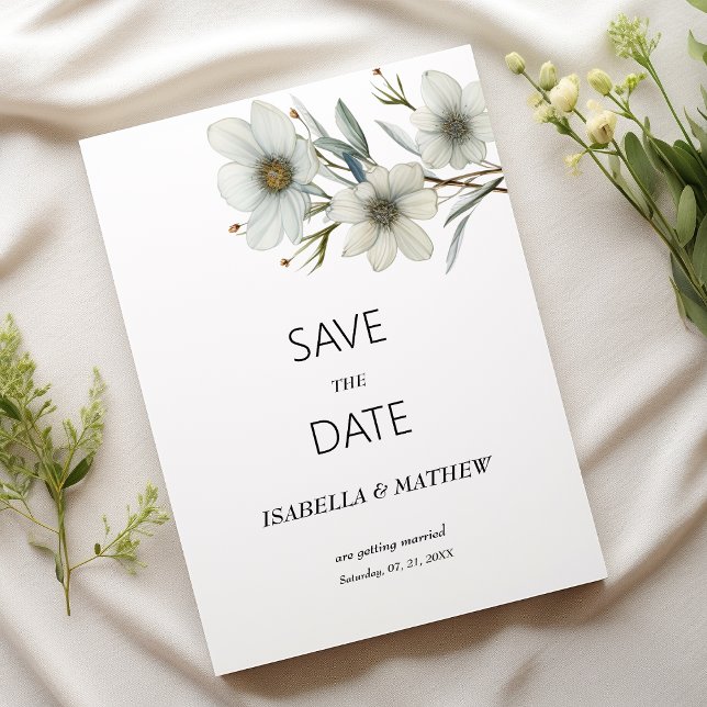 Convites Simple white mint spring floral Save the Date (Simple white mint spring floral Save the Date)
