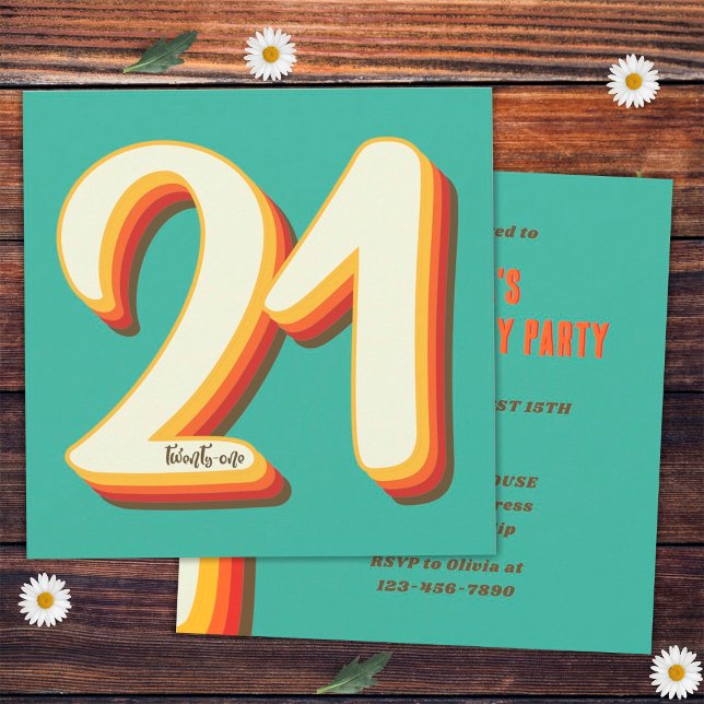 Convites Simples Aniversário de 21 anos Moderno Retro Groov (Front and Back)