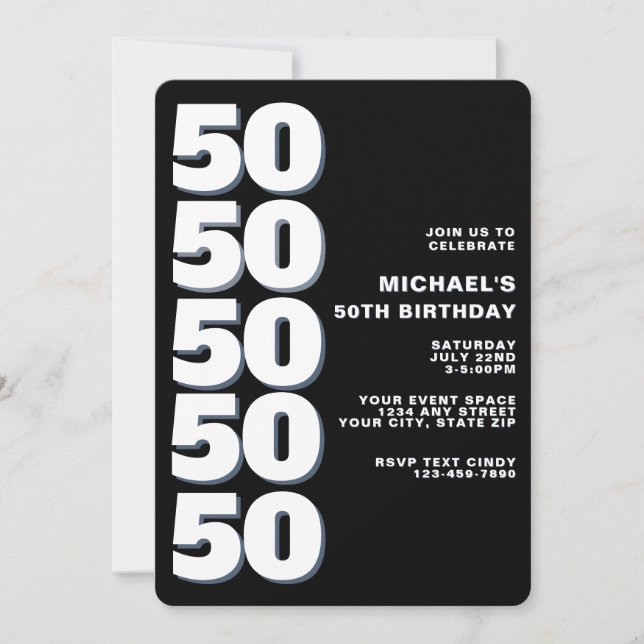 Convites Simples Aniversário de 50 anos Preto e Branco (Frente)