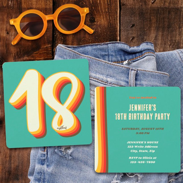 Convites Simples Aniversário de Dezoito 18 anos Moderno Ret (Front and Back)