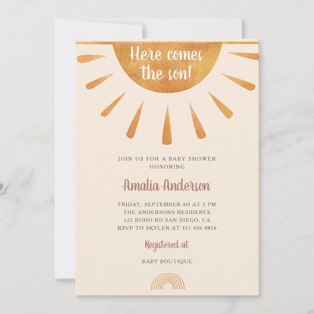 Convites Simples Aquarela Aqui Vem o Chá de fraldas Filho (Frente)