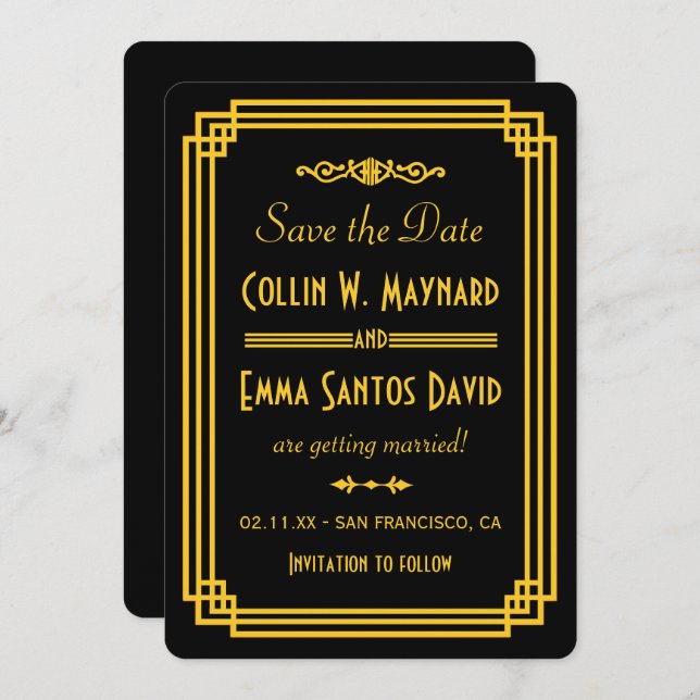 Convites Simples Art Deco Black and Dourado Save the Date ( (Frente/Verso)
