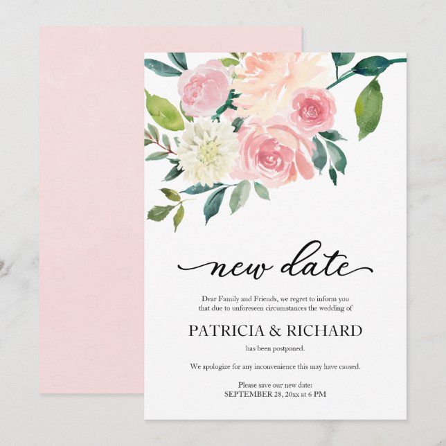Convites Simples Atraso de Data de Casamento Floral Rubor (Frente/Verso)