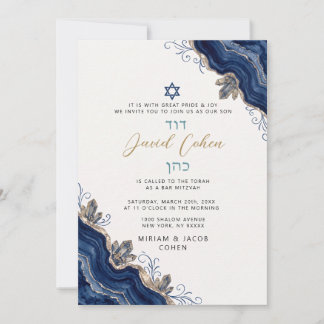 Convites Simples Bar Mitzvah Moderno Aquarela Azul Marinho