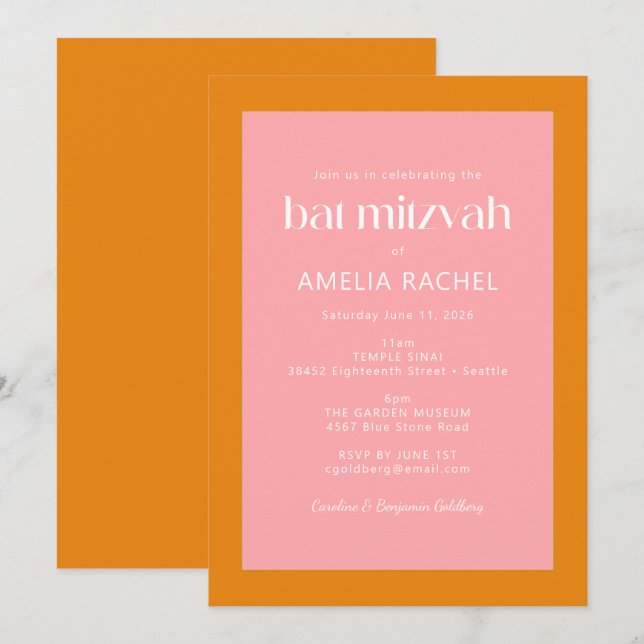 Convites Simples Bat Mitzvah Geométrico Rosa e Laranja (Frente/Verso)