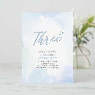 Convites Simples Blue Hearts Three Boy Festa de aniversário