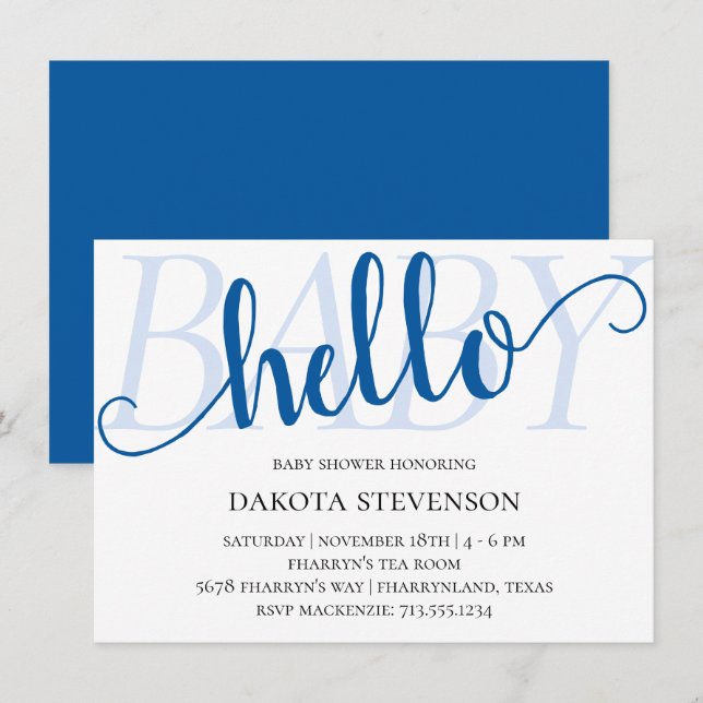 Convites Simples Blue Hello Baby | Chá de Flourish Cerulean (Frente/Verso)
