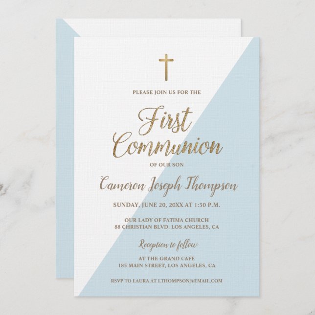 Convites Simples Blue White Dourado Modern First communion (Frente/Verso)