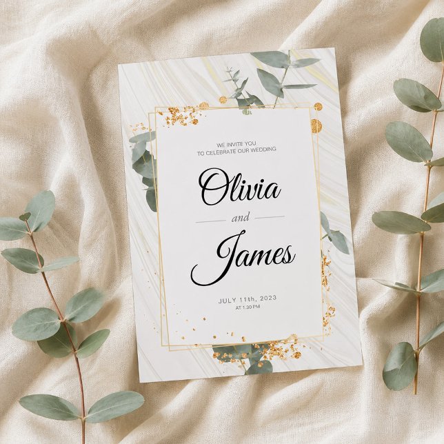 Convites Simples boho dourado verde elegante noivado casame (Elegant Eucalyptus Botanical Gold Wedding Invitation, Wedding Announcement)