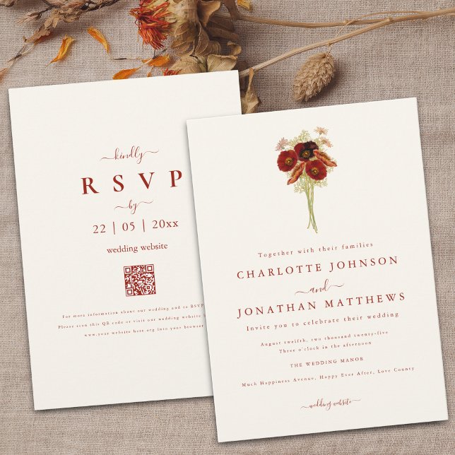 Convites Simples Boho Flor Silvestre Casamento Marrom Laran (Wildflower bouquet brown orange watercolor floral Wedding QR Code invitation)