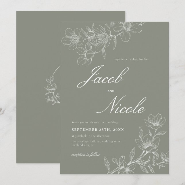 Convites Simples Boho Floral Sage Green Wedding (Frente/Verso)