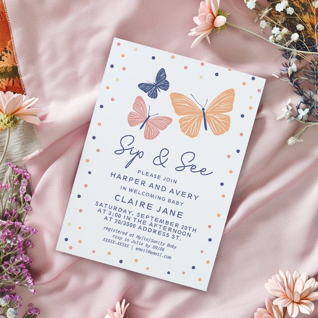 Convites Simples borboleta moderna e veja (Simple and modern sip and see invitation featuring butterflies and elegant typography.)