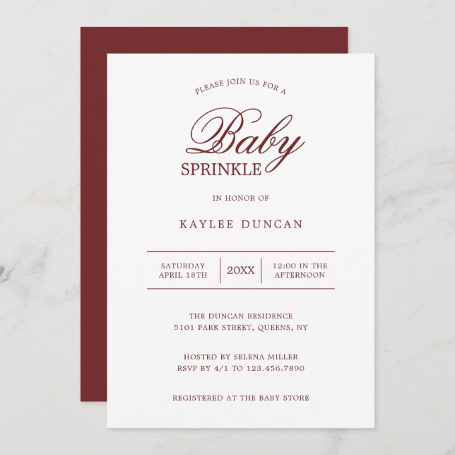 Convites Simples Borgonha Branca Gênero Neutro Bebê Sprinkl (Frente/Verso)