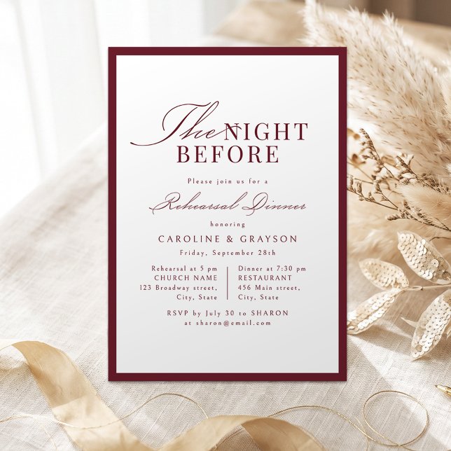 Convites Simples Burgundy Script Gracioso Na Noite Anterior (Simple Graceful Script Burgundy The Night Before Invitation)