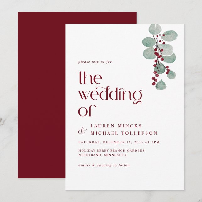 Convites Simples Burgundy Vine Casamento no inverno Moderno (Frente/Verso)