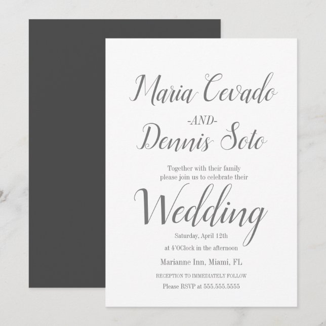Convites Simples Caligrafia de Letreiro Cinza Casamento (Frente/Verso)