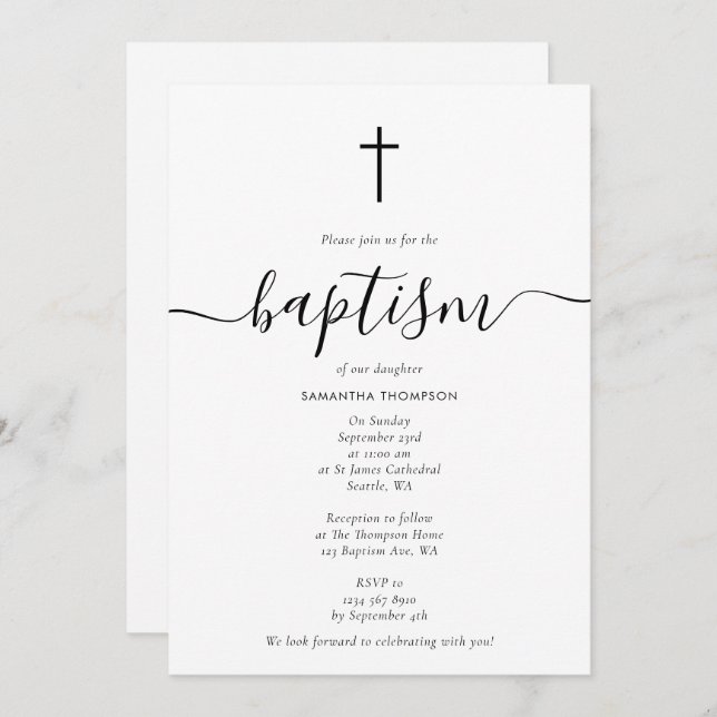 Convites Simples Caligrafia Script Baptism Christening (Frente/Verso)