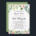 Convites Simples Caligrafia Verde Floral Bat Mitzvah<br><div class="desc">Este simples convite para morcegos de caligrafia verde floral mitzvah é perfeito para um morcego tropical mitzvah. A design apresenta rosas brancos,  cor-de-rosa e pincéis pintados à mão,  embutidos em folhagem verde,  inspiradora beleza artística.</div>
