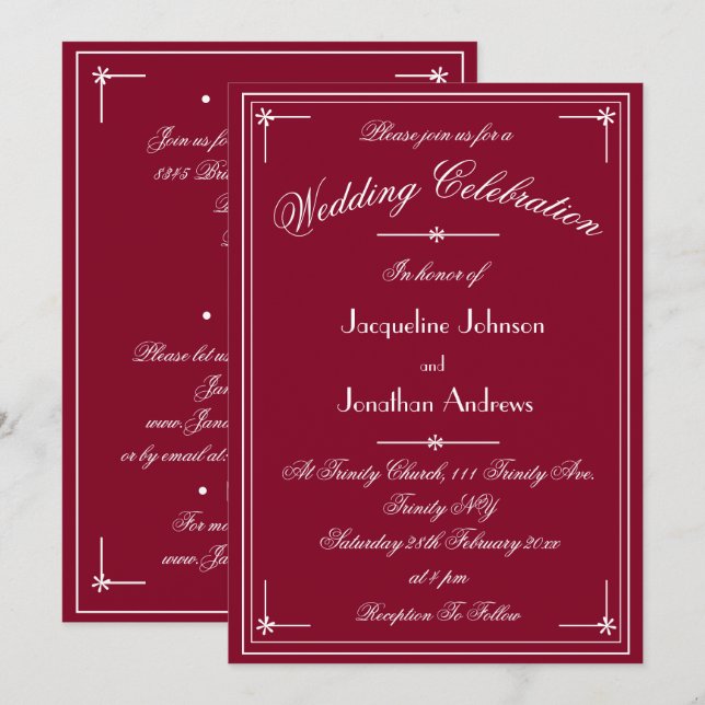 Convites Simples Casamento Burgundy Vermelho Tudo Em Um (Frente/Verso)