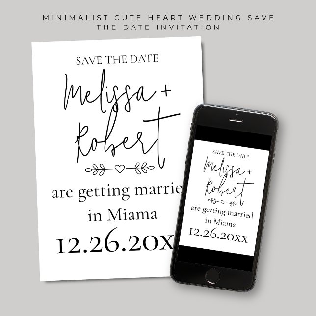 Convites Simples Casamento de Coração Salve a Data (Minimalist Cute Heart Wedding Save the Date Invitations)