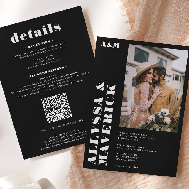 Convites Simples casamento de fotos brancas e negras Elegan (Criador carregado)