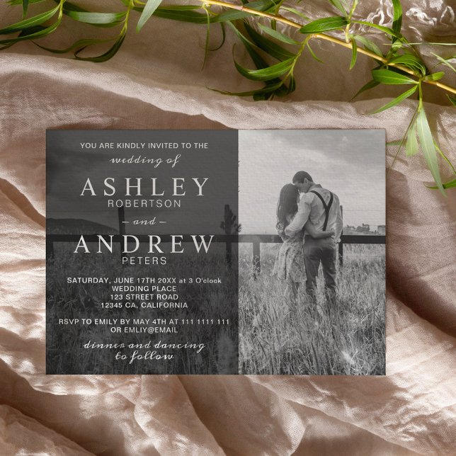 Convites Simples casamento de fotos elegante e branco preto (Criador carregado)