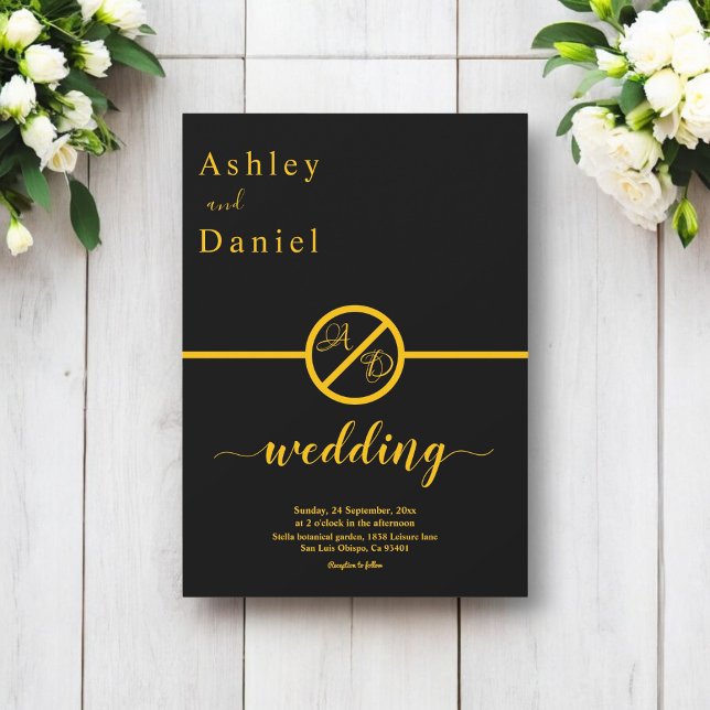 Convites Simples Casamento De Monograma Dourado E Preto Ele (Criador carregado)
