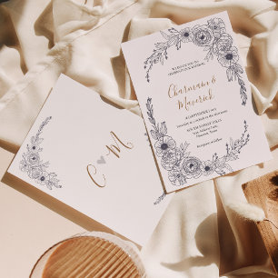 Convites Simples Casamento do Monograma Floral Branco e Pre