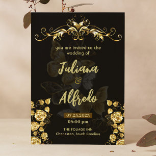 Convites Simples Casamento Dourado Floral Moderno e Elegant
