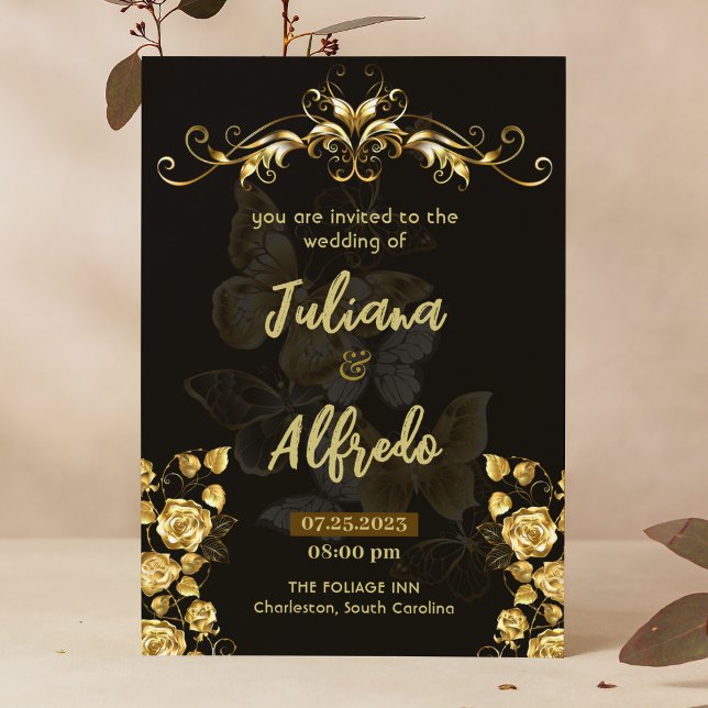 Convites Simples Casamento Dourado Floral Moderno e Elegant (Criador carregado)