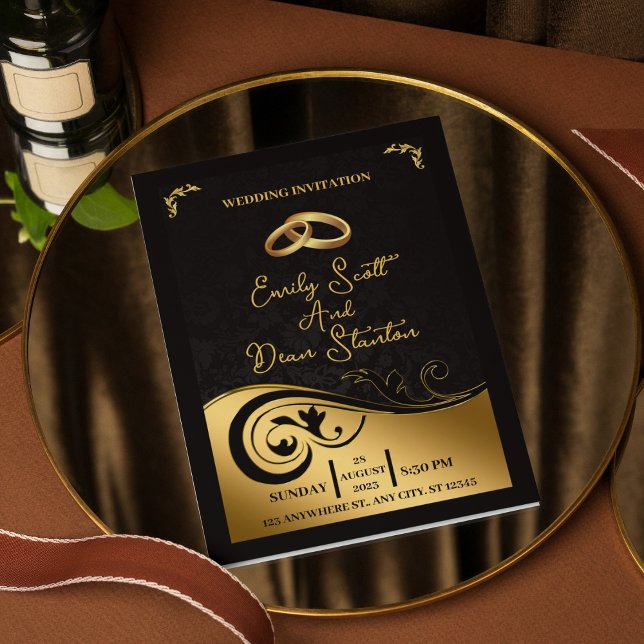 Convites Simples Casamento Dourado Floral Moderno Elegante  (Criador carregado)