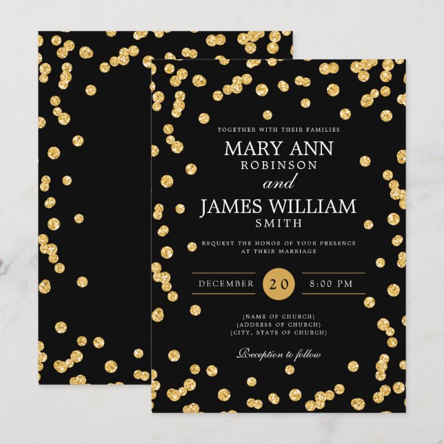 Convites Simples Casamento Elegante Dourado Glitter Confett (Frente/Verso)