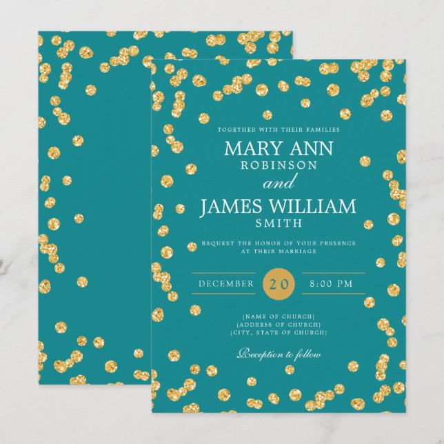 Convites Simples Casamento Elegante Dourado Glitter Confett (Frente/Verso)