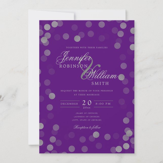 Convites Simples Casamento Elegante Prata Confetti Roxo (Frente)