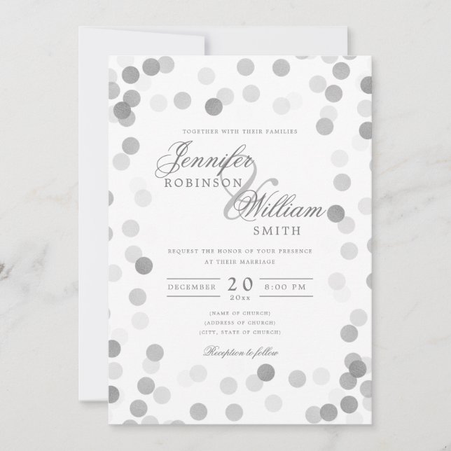 Convites Simples Casamento Elegante Silver Confetti (Frente)