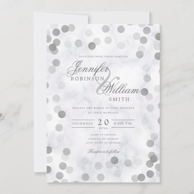 Convites Simples Casamento Elegante Silver Confetti Marble (Frente)